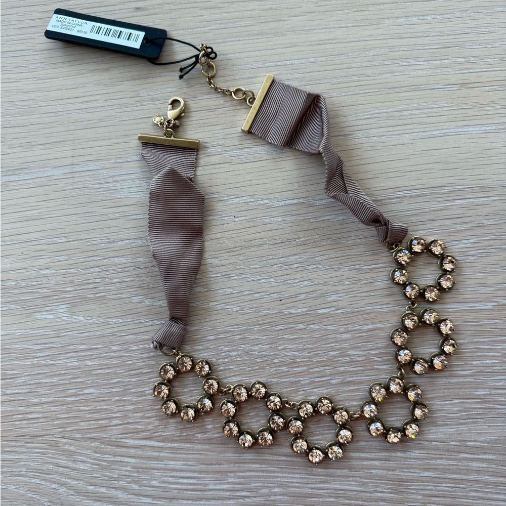 Ann Taylor Statement Necklace Brown / Beige Ribbon and Crystal NWT